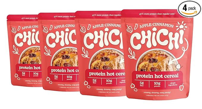 ChiChi – Protein Hot Cereal | Apple Cinnamon (8.8 oz x 4 pouches 20 servings) —Made with Chickpeas Protein-packed (10g) High Fiber Made with Simple Ingredients Grain Free Gluten Free Vegan