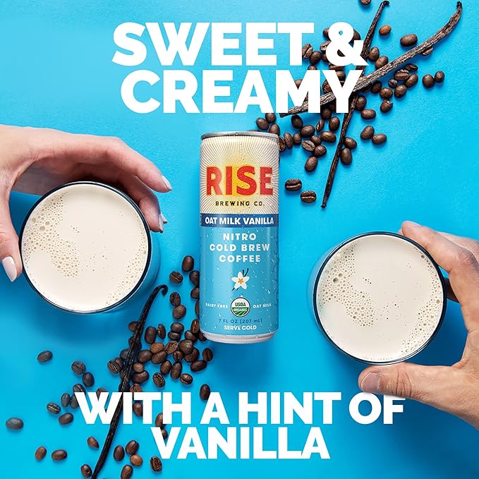 RISE Brewing Co. Vanilla Oat Milk Nitro Cold Brew Coffee No Sugar Added &amp No Dairy Organic &amp Non-GMO Low Acidity &amp Vegan 7 Fl. Oz. Cans