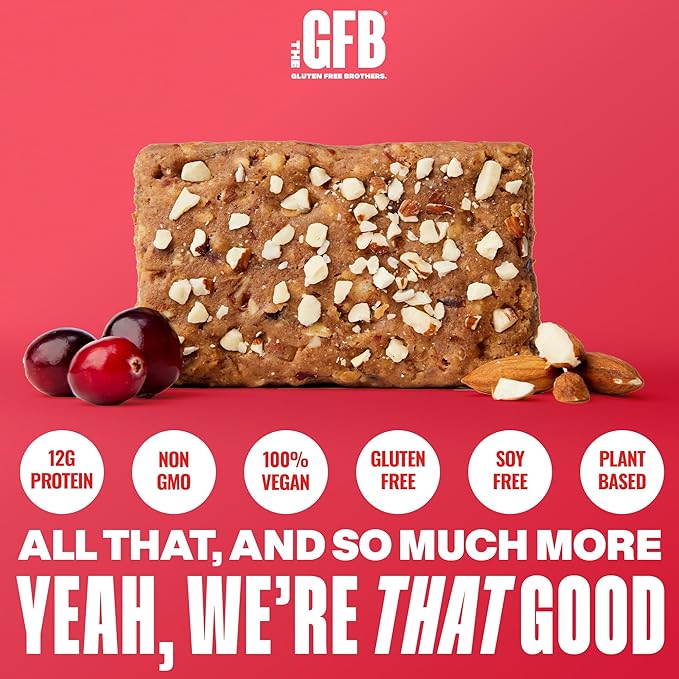 The GFB Cranberry Toasted Almond Protein Bars - Gluten Free Plant Based Non GMO Sustainably Made – Ridiculously Tasty Healthy Vegan Nutrition Snack Protein Bars 2.05 oz (12 Count)