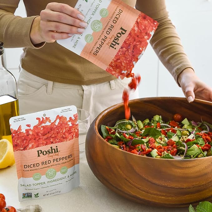 POSHI Diced Red Peppers - Flame-Roasted and Marinated with Extra Virgin Olive Oil - Liquid-Free Ready-to-Use Ingredient No Artificial Preservatives - Gluten-Free Keto Vegan Non-GMO 6 pack 4.4oz