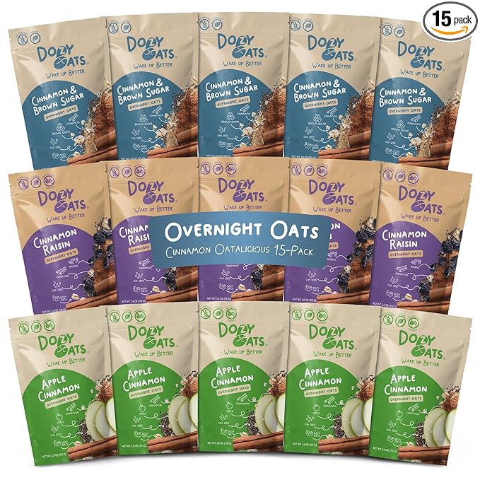 Dozy Oats Overnight Oatmeal Packets Cinnamon Oatalicious Variety Box with Rolled Oats Chia Seeds Date Powder and Dried Fruit. Gluten-Free Natural Source of Protein and Fiber 15-Pack
