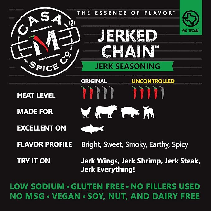 Casa M Spice Co Jerked Chain Jerk Seasoning Very Low Sodium No MSG Gluten Free Caribbean Jamaican Jerk Spices (Original Stainless Shaker (with 1-cup seasoning))