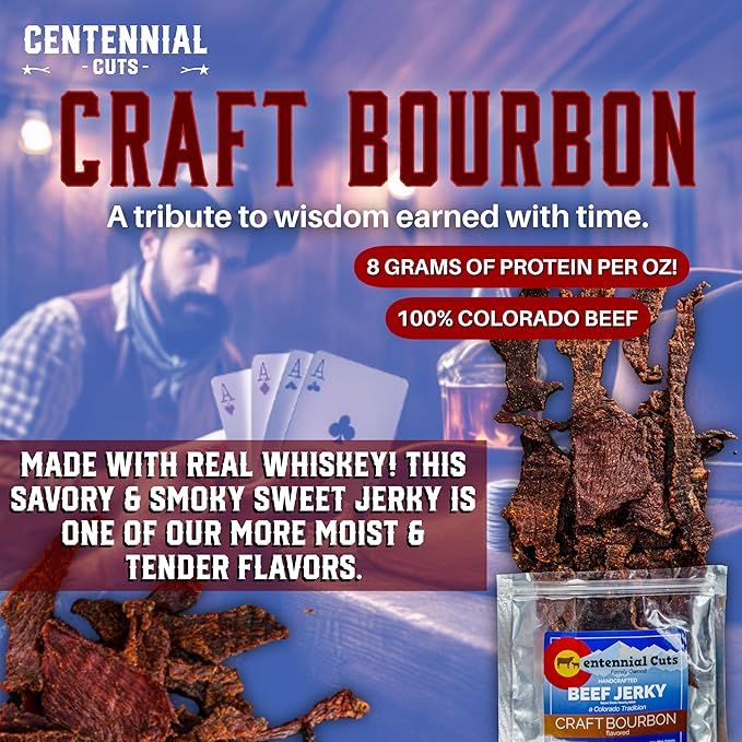 Centennial Cuts Beef Jerky – Craft Bourbon – High Protein Sweet &amp Savory Bourbon Flavor – 7 oz Snack