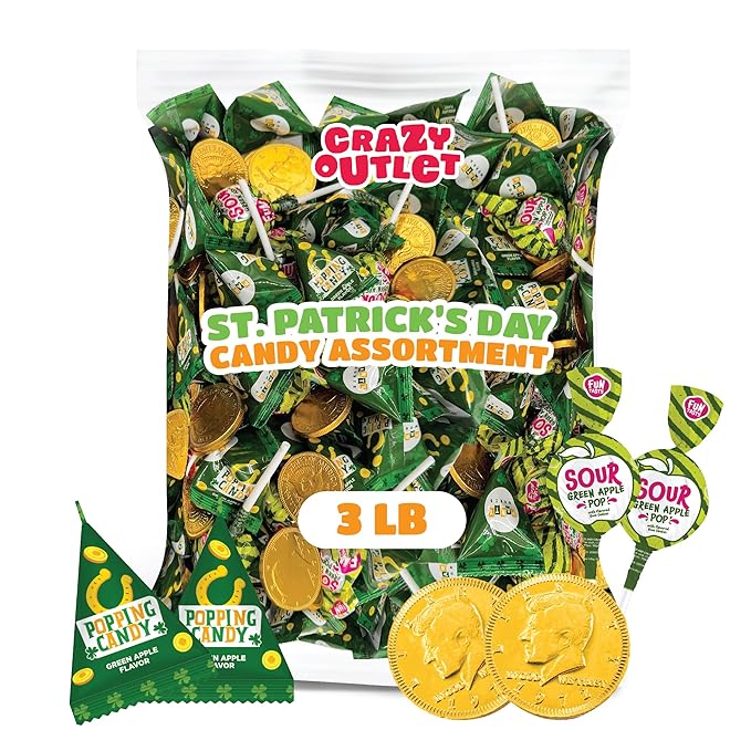 St Patrick's Day Candy Assortment - 3 Pound Bulk Pack - Milk Chocolate Gold Coins Sour Apple Popping Rocks and Gum Filled Lollipops - Individually Wrapped Party Favors
