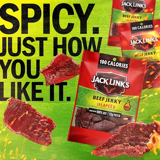 Jack Link's Jalapeño Beef Jerky Multipack - (10 Pack) 1.25 oz Bags - Ready to Eat Real Meat Protein Snacks - 12g Protein per Serving - Made with 100% Real Beef