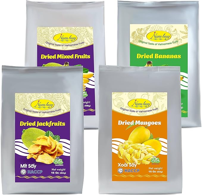 NAM HUY Vietnam's Dried Jackfruit Dried Mango Dried Banana and Dried Mixed Fruit Snacks Original Taste of Vietnamese Fruits No-Added Sugar or Preservatives Delicious Crispy Texture (Total 96Oz)
