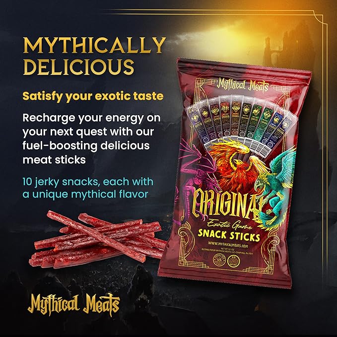 Mythical Meats Original Exotic Flavor Sampler Pack – 10 Exotic Game and Beef Snack Sticks – Dried &amp Dehydrated Meats Seasoned to Perfection – High Protein Snacks