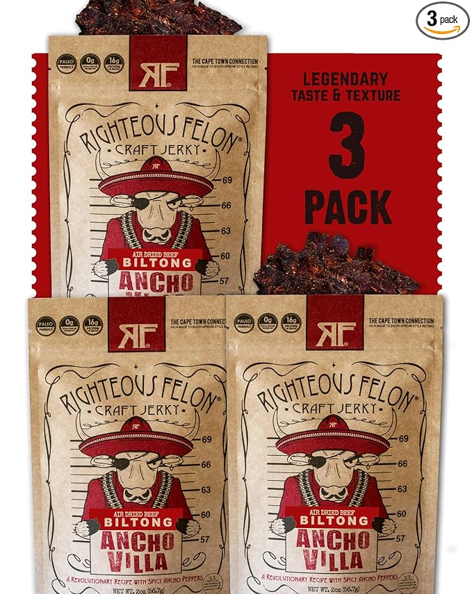 Righteous Felon Biltong Beef Jerky | South African Biltong Snack Packs for Adults | High Protein Keto-Friendly Low Sugar | Made with Premium Meats | Beef Jerky Gifts for Men | Ancho Villa 3 Pack