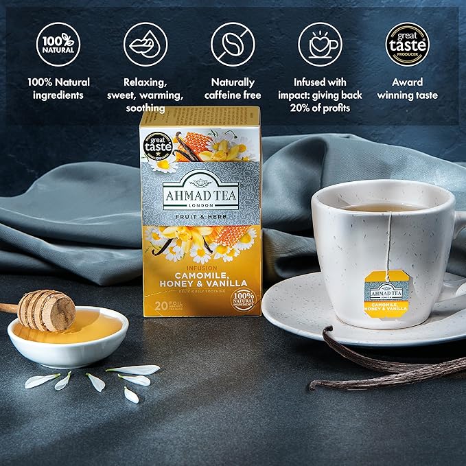Ahmad Tea Herbal Tea Camomile Honey &amp Vanilla Teabags 20 ct (Pack of 6) - Decaffeinated &amp Sugar-Free