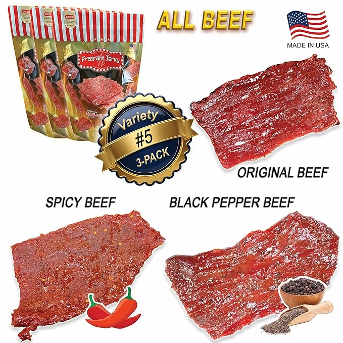 VP#5 ALL BEEF JERKY - MIXED FLAVORS (Original Spicy Black Pepper Beff each 4oz) *Fresh Grilled to Order *Shipped the Same Day *L.A. Times Handmade Gift Winner