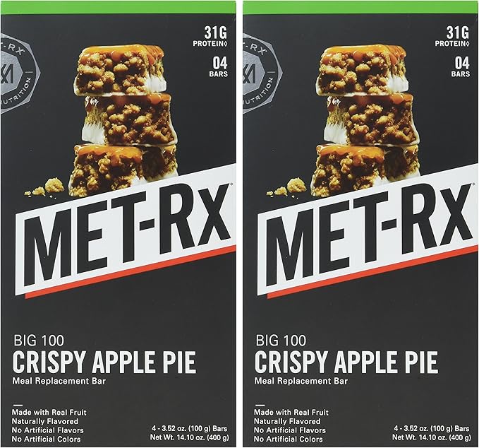 MET-Rx Big 100 Protein Bar Meal Replacement 30G Protein Gluten Free Crispy Apple Pie 3.52 oz. ea 8 Count (Packaging May Vary)