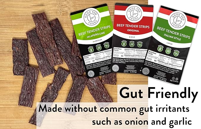 Good Fod Foods Tender Beef Jerky Steak Strips Variety Pack of 3 – Low FODMAP Keto Snacks Gluten-Free Sugar-Free Jerky No Nitrites No Nitrates 100% USA Beef