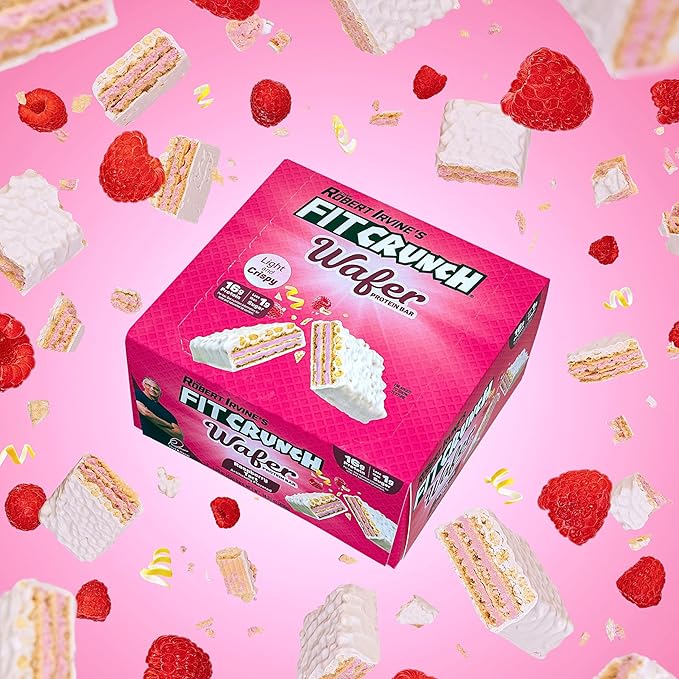 FITCRUNCH Wafer Protein Bars Designed by Robert Irvine 16g of Protein &amp 1g of Sugar (9 Bars Raspberry Tart)