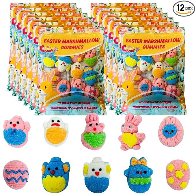 Easter Marshmallow Gummies - 10 Fun Designs 12-Pack Total 120 Individually Wrapped Gummies - Gluten-Free &amp Dairy-Free Perfect for Egg Hunts