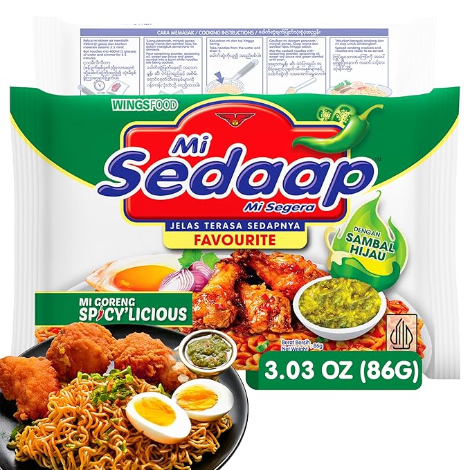 Mi Sedaap Instant Noodle Spicylicious Flavor Fried Noodles with Green Chili Sambal 3.03 oz (Pack of 40) Halal Spicy Beef Ramen Noodles Bulk