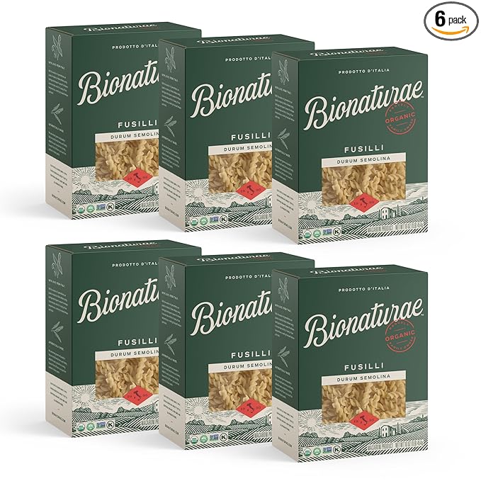Bionaturae Fusilli Pasta Noodles - Durum Semolina Pasta Kosher High Protein Non-GMO Verified USDA Certified Durum Semolina Fusilli Fusilli Pasta Organic Crafted in Italy - 16 Oz 6 Pack