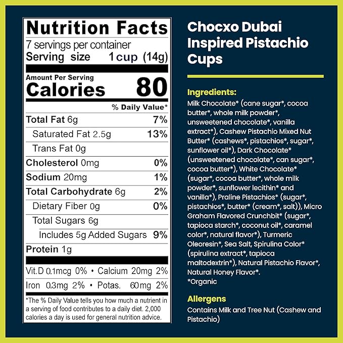 Chocxo Milk Dubai Chocolate Pistachio Cups - Lower Sugar Organic NonGMO Keto Gluten Free Kosher. 43% Cacao No Artificial Sweeteners/Sugar Alcohols 3.45 oz (Pack of 6)