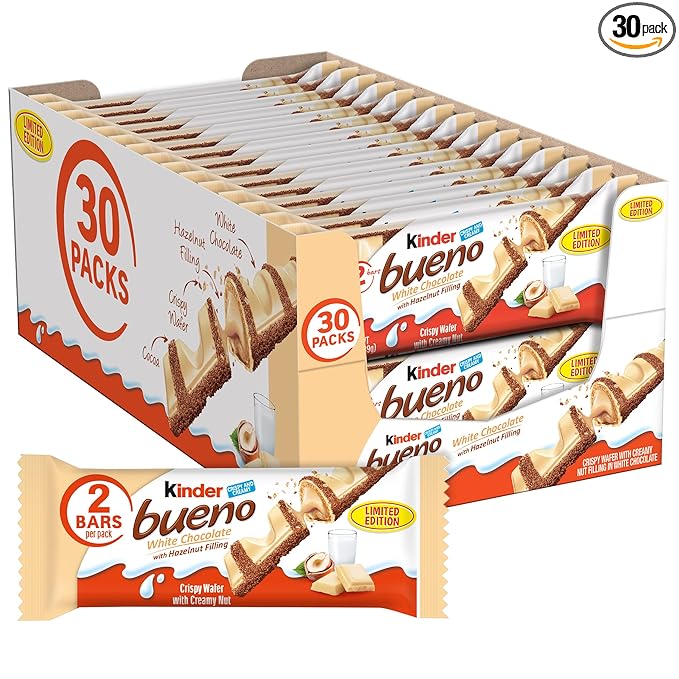 Kinder Bueno White Chocolate Bars with Hazelnut Filling 30 Packs of 2 Bulk Chocolate Candy Bars for Game Day Football Party Supplies Snacks for Adults 1.4 oz Per Pack