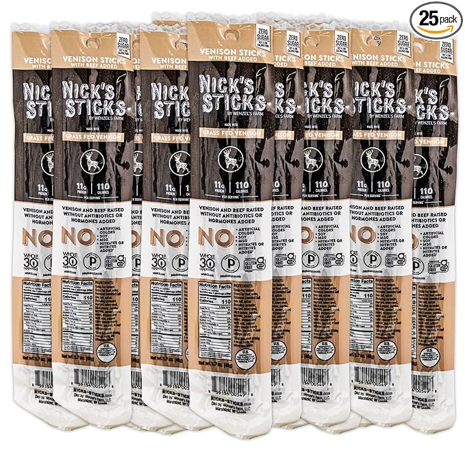 Nick's Sticks | 100% Grass-Fed Venison Sticks | Made in the USA | Gluten Free | Paleo | Keto | Whole30 Approved | No soy Antibiotics or Hormones (25-1.7 oz. Packages of 2 Sticks)
