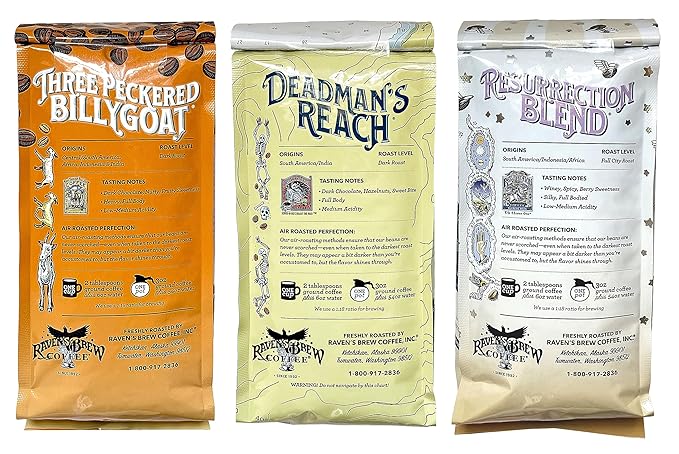 Raven's Brew Whole Bean Coffee Variety Pack - 3 Delicious Flavors - Three Peckered Billy Goat Deadman's Reach and Resurrection Blend - 12oz each