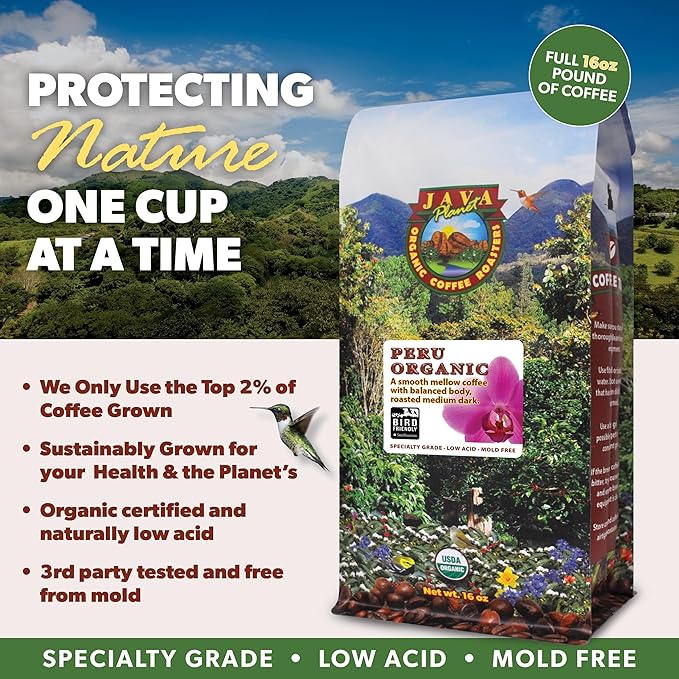 Low Acid Organic Coffee – Whole Bean Mold-Free &amp Stomach Friendly by Java Planet Peruvian Single Origin Coffee Medium Dark Roast Smooth Full Flavored Smithsonian Bird Friendly 1LB Bag