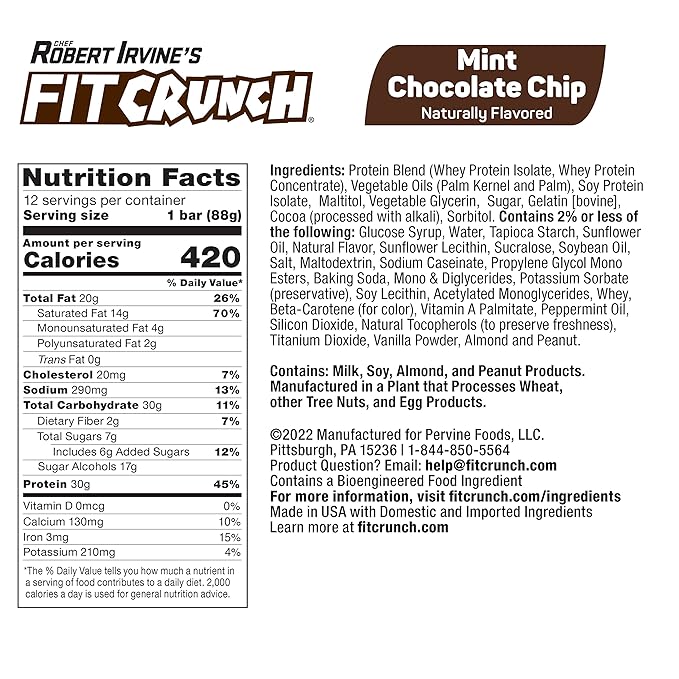 FITCRUNCH Full Size Protein Bars 6-Layer Baked Bar 7g of Sugar Gluten Free &amp Soft Cake Core (12 Bars Mint Chocolate Chip)