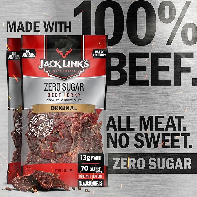 Jack Link's Original Zero Sugar Beef Jerky - 7.3 oz Bag - Ready to Eat Protein Snacks - 13g Protein per Serving - Made with 100% Real Beef(Pack of 4)
