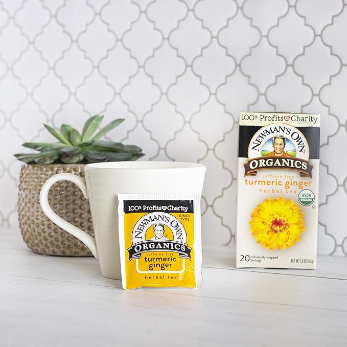 Newman's Own Organic Turmeric Ginger Herbal Tea Caffeine-Free Savory &amp Spicy Flavors Combined For The Perfect Cup Of Tea 6 Pack Of 20 Tea Bags Individually Wrapped 120 Teabags Total