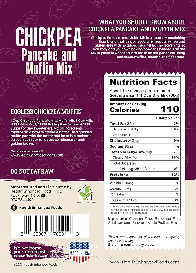 Health Enhanced Foods Chickpea Pancake &amp Muffin Mix [2 Pack - 16 oz / 1 LB] - Gluten-Free Nut-Free Grain-Free Soy-Free Dairy-Free No Added Sugar - Perfect for Pancakes Muffins Waffles