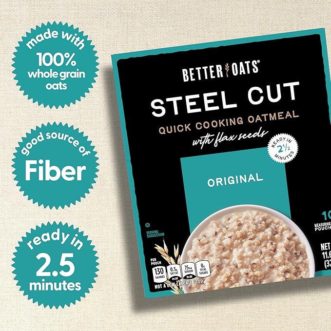 Better Oats Steel Cut Instant Oatmeal Packets Original Flavor with Flax Seeds Quick-Cooking Breakfast Box of 10 Pouches (Pack of 6)