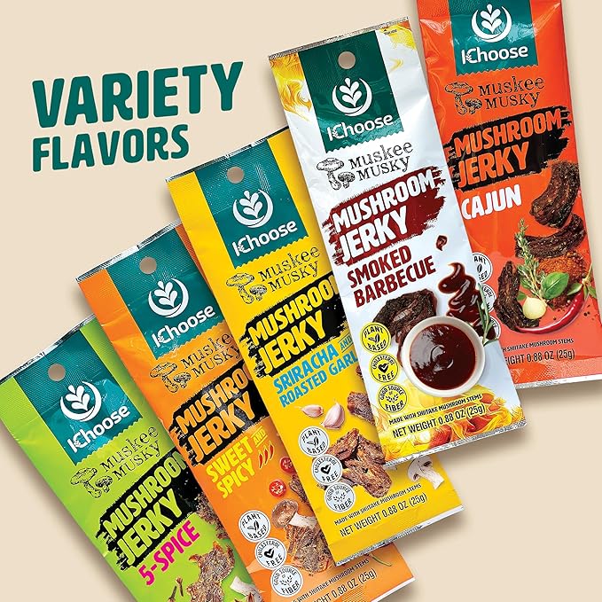 Ichoose Muskee Musky Mushroom Jerky Vegan High-Fiber Snack | Beef Jerky Alternative Perfect for Valentines &amp Snack Packs - 10 Pack Box 0.88 oz (25g) | (25g Box 10 Packs 5-Spice)