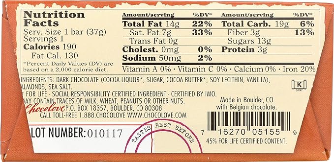 Chocolove Chocolate Bar Almonds &amp Sea Salt in Dark Chocolate 1.3 Ounce (Pack of 12)