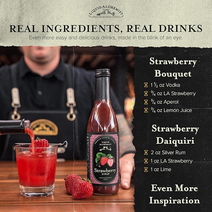 Liquid Alchemist Strawberry Syrup for Drinks - Real Ingredients Make our Strawberry Puree for Drinks a Perfect Margarita Mix - Our Flavored Syrup is Gluten &amp Dairy Free (25.4 oz)