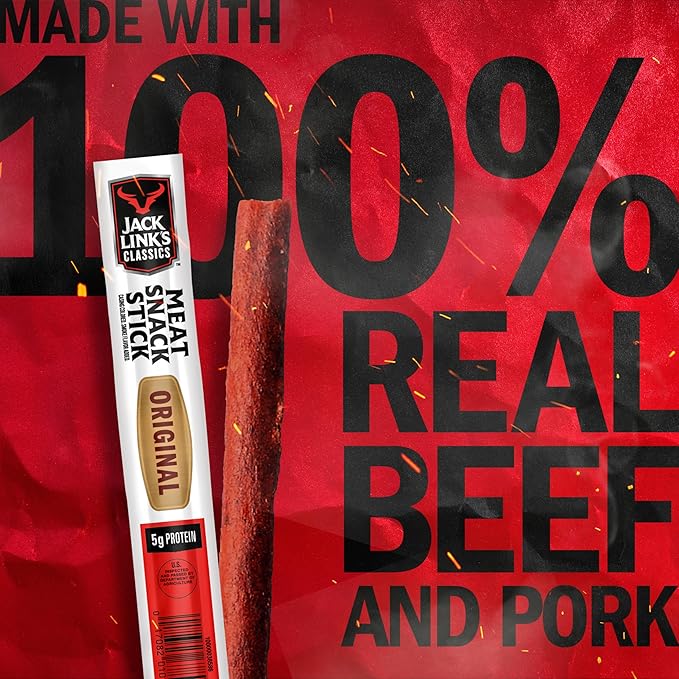 Jack Link's Classics Meat Sticks Original - Protein Snack Meat Snack Sticks with 5g of Protein Made with Beef &amp Pork Keto Friendly Individually Wrapped - 0.8 Oz. (Pack of 20)
