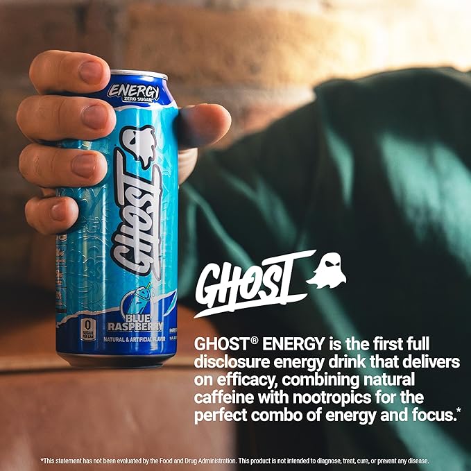 GHOST Energy Drink - 12-Pack Blue Raspberry 16oz Cans - Energy &amp Focus &amp No Artificial Colors - 200mg of Natural Caffeine L-Carnitine &amp Taurine - Gluten-Free &amp Vegan