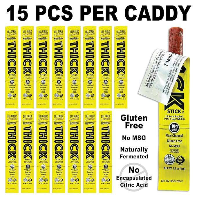 THICK STICK - STONERIDGE OLD-FASHIONED QUALITY DILL GARLIC &amp CHEDDAR - Hickory Smoked Pork and Beef Snack Sticks Gluten Free No MSG 15 Count THICK 1.5 oz Sticks High Protein Soy Free 15 Cou