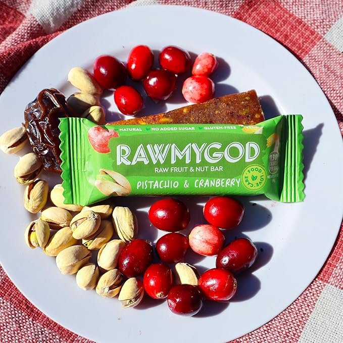 RAWMYGOD Fruit and Nut Bars Gluten Free Vegan No Added Sugar (16 bars Pistachio &amp Cranberry)