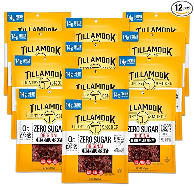 Tillamook Country Smoker Original Beef Jerky Zero Sugar 14g Protein per Serving Gluten Free 2.2 Ounce (Pack of 12)