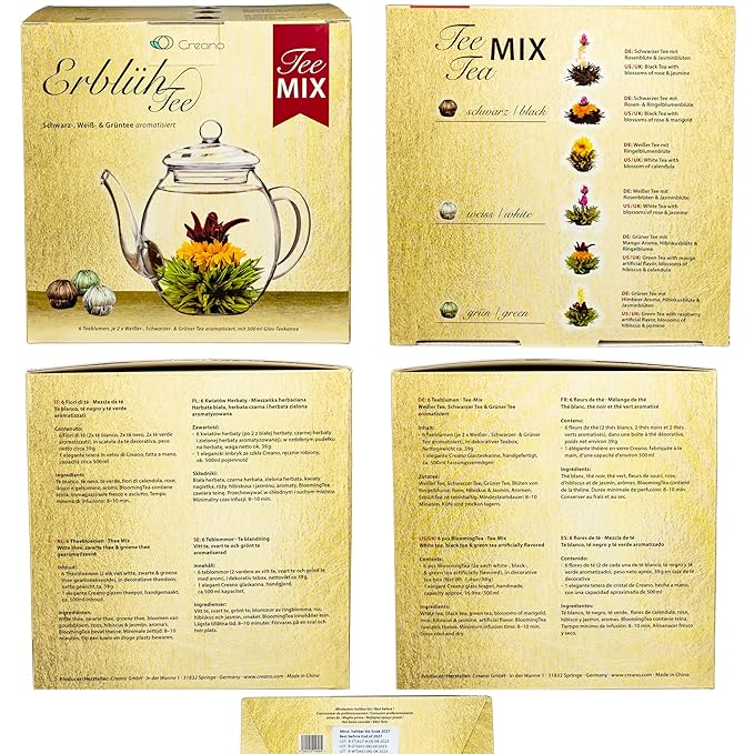 Creano Tea Flowers Mix Golden Gift Set Blooming Tea with Glass Teapot White Green &amp Black Tea in 6 Varieties Tea Flower Blooming Tea Gift for Women