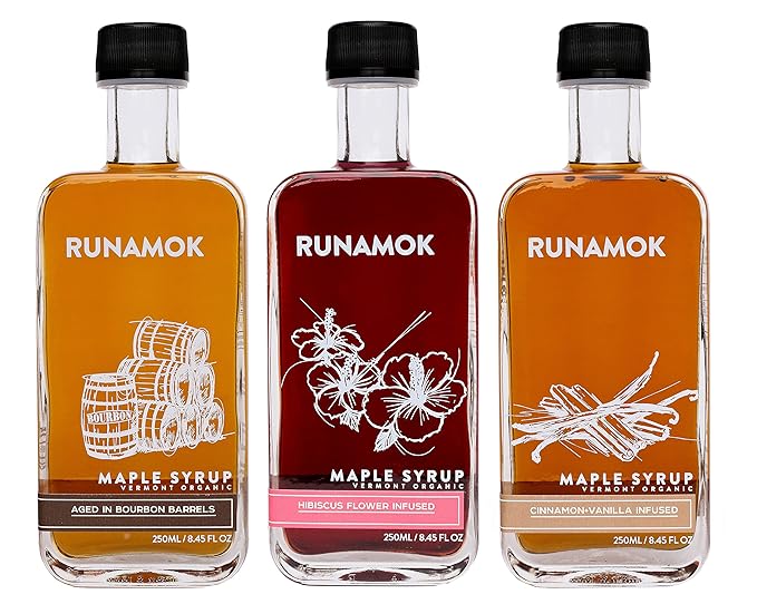 Runamok Maple Syrup Gift Box | Oprah's Favorite | Special Present For Holidays | Bourbon Barrel-Aged Hibiscus Flower &amp Cinnamon+Vanilla Infused | 3 Bottles of Real Maple Syrup | 8.45 Fl Oz (250mL