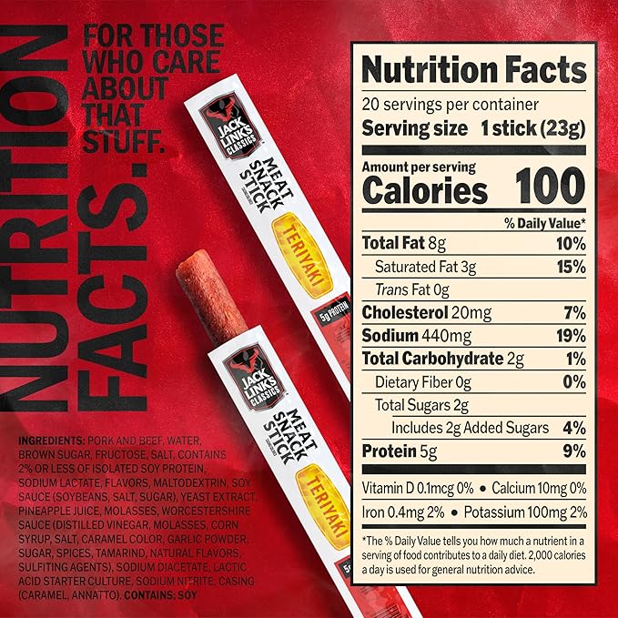 Jack Link's Classics Meat Sticks Teriyaki - Protein Snack Meat Snack Sticks with 5g of Protein Made with Beef &amp Pork Keto Friendly Individually Wrapped - 0.8 Oz. (Pack of 20)