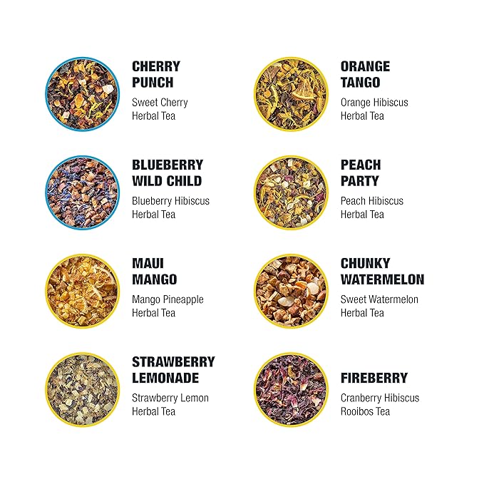 Tiesta Tea - Fruity Tea Sampler Dry Flight Set Loose Leaf No Caffeine Makes Hot and Iced Assorted Fruit Brews with Mango Peach Orange Drinks &amp More 8 Resealable Sample Pouches