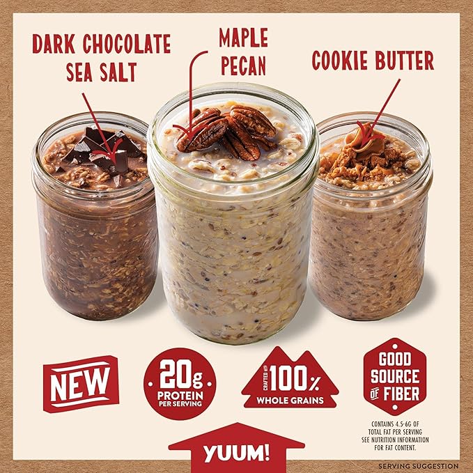 Kodiak Cakes Protein Overnight Oats Variety Pack - Cookie Butter Dark Chocolate Sea Salt Maple Pecan 12 Count High Protein