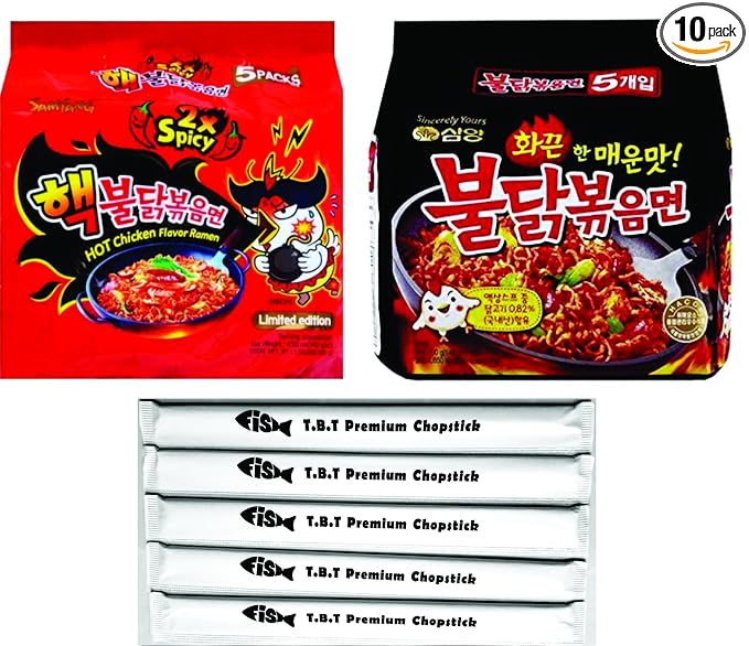 Samyang Spicy Chicken Ramen Combo / 2x Spicy &amp Original BULDAK Combo Pack of 10 With 5 TBT Premium Chopsticks (2x Spicy &amp Original)
