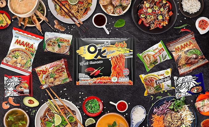 HCG Thai Ramen Noodles Variety Pack with Mama Soup and Wai Wai Quick Instant Noodle Pack of 15 with chopsticks 18 Piece Set