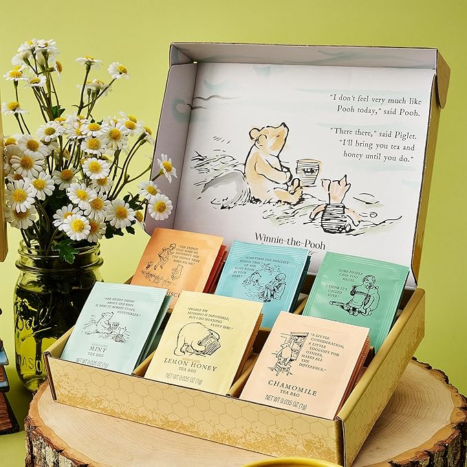 Thoughtfully Classic Winnie-the Pooh Tea Collection Gift Set Includes 60 Premium Tea Bags with Nostalgic Quotes from A.A. Milne 6 Flavors Cozy Literary Tea Gift