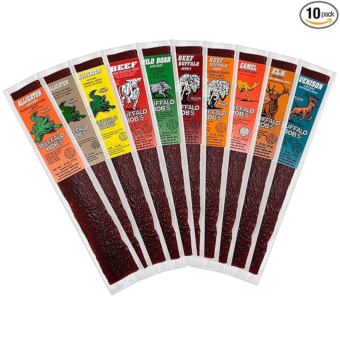 Buffalo Bob's Exotic Jerky (10-Pack) 10 Flavor Variety Pack of Snack Sticks Wild Game Beef Gifts for Men