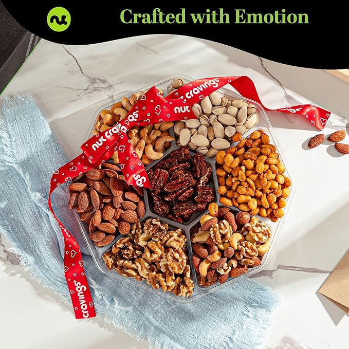 NUT CRAVINGS - Easter Mixed Nuts Gift Basket + Heart Ribbon (7 Assortments) Ramadan Gifts Saint Patrick's Day Treats for Adults Food Arrangement Healthy Snack Care Package Kosher