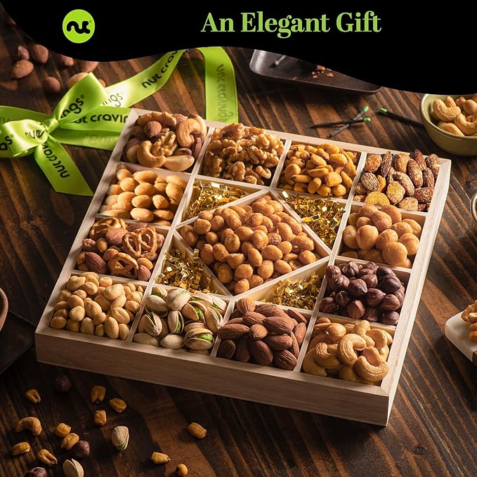 NUT CRAVINGS - Easter Mixed Nuts Gift Basket in Reusable Diamond Wooden Tray + Green Ribbon (13 Assortments) Ramadan Gifts Treats for Adults Healthy Snack Care Package Kosher