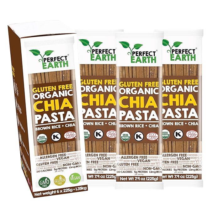 Perfect Earth Organic Brown Rice Pasta with Chia Seeds - Organic Vegan Keto Kosher Allergen-Free Gluten-Free Low Carb Pasta - For Healthy Delicious and Convenient Meals - 6 Pack (7.9 Oz Each)